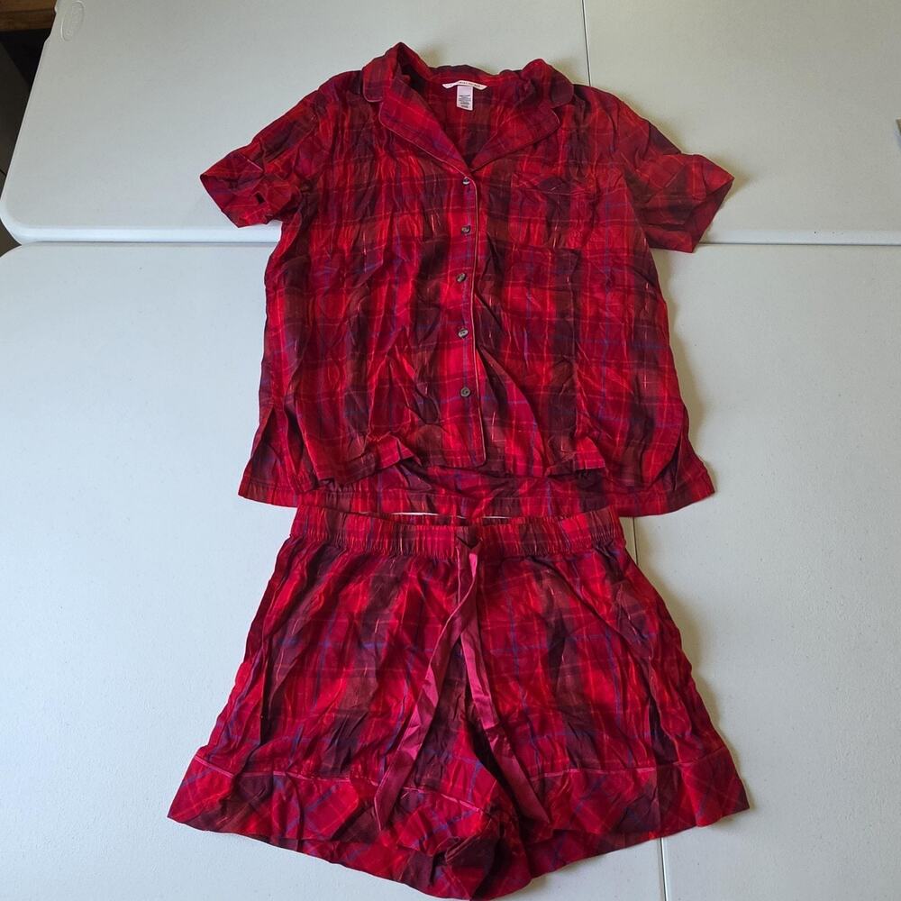 Victoria's Secret Pajama Set Womens Small Red Plaid Flannel Button Top Shorts